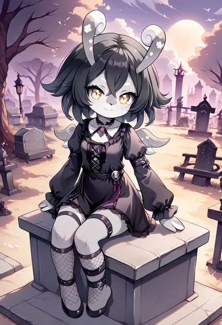 score_9, score_8_up, 1girl, melusine, curly ears, wings, gray skin, Dress, tied belts, goth hair style, sitting on a tombstone, cute smile, Goth girl, long lied hair, ornamented hair, long fishnet sock