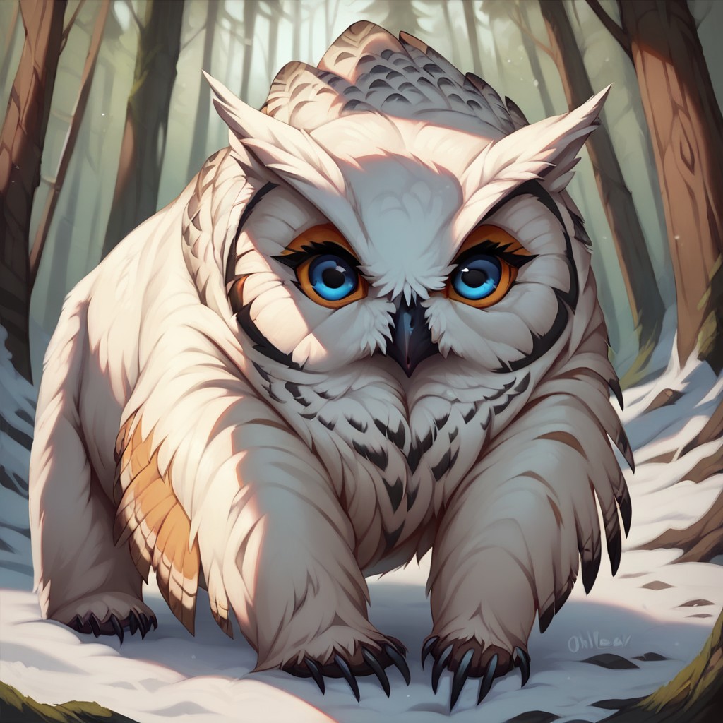 (((detailed, beautiful, high quality))), score_9, score_8_up, score_7_up, solo, full body,
owlbear, feral, owl's head, bear's body,
1 girl, white fur, blue eyes,
looking at the viewer, posing,
fantasy background, blurred background, snow forest,