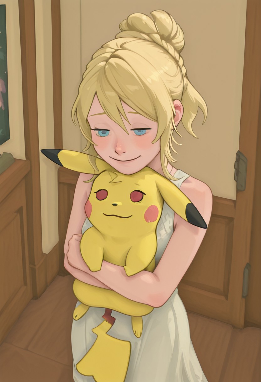 embedding:IllusP0s, g00se, from above, Lunafreya Nox Fleuret, blonde hair, hair up, braid, asymmetrical bangs, sleeveless dress, white dress, blue eyes, hugging pikachu, hug, milachuv2, pikachu, 1girl, solo, loving, smile,<lora:g00se_v2_ill.safetensors:1.0:1.0> <lora:Lunafreya_Nox_Fleuret_ill.safetensors:1:1>
