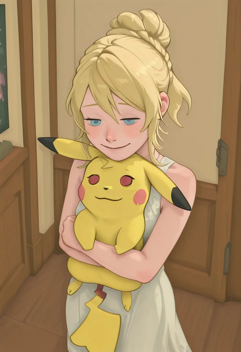 embedding:IllusP0s, g00se, from above, Lunafreya Nox Fleuret, blonde hair, hair up, braid, asymmetrical bangs, sleeveless dress, white dress, blue eyes, hugging pikachu, hug, milachuv2, pikachu, 1girl, solo, loving, smile,<lora:g00se_v2_ill.safetensors:1.0:1.0> <lora:Lunafreya_Nox_Fleuret_ill.safetensors:1:1>