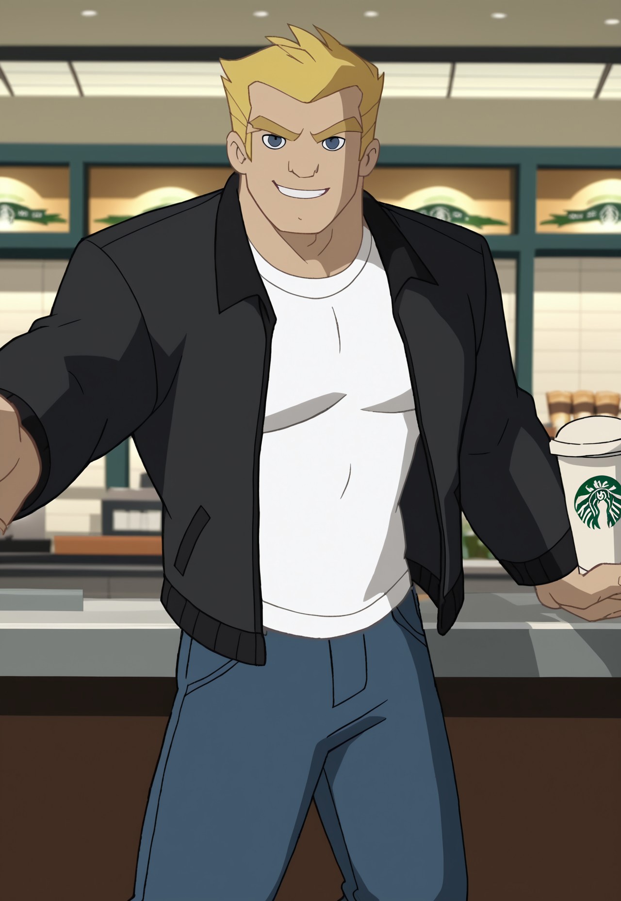 score_9, score_8_up, score_7_up, Absurdres, Intricate Details, Masterpiece, Best Quality, Expressiveh, source_cartoon, screencap, high quality cg, sz4d3k, dofus,
1boy, male focus, solo, plump pecs, 
SpecStyle, SpecEddieBrock, short hair, blonde hair, black jacket, open jacket, white shirt, jeans,
indoors, starbucks, dynamic angle, dim lighting, dynamic pose,
looking at viewer, smirk,