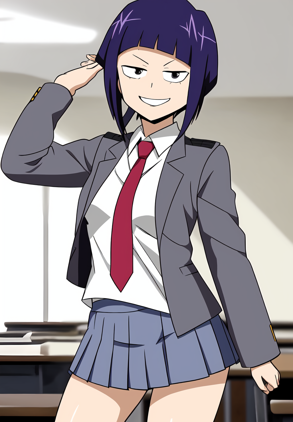 <lora:kyoka_jiro:0.8>, kyoka_jiro, (masterpiece, best quality,perfect lighting), 1girl, solo, smirk, strike a pose, u.a. school uniform, grey jacket, collared shirt, pleated skirt, necktie, white shirt,