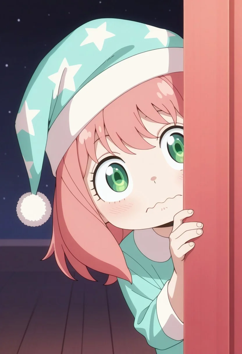 masterpiece,best quality,amazing quality, anya forger, pink hair, female child, child, green eyes, medium hair, 1girl, solo, hat, star print, nightcap, pajamas, peeking out, wavy mouth, closed mouth, star (symbol)