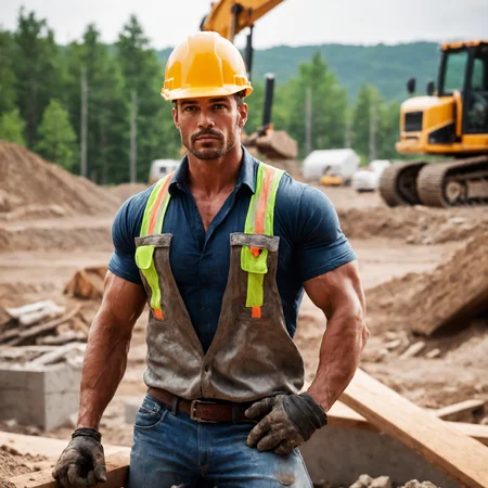 A cinematic photograph of a dirty sweaty construction worker with well-developed muscles wearing jeans & hard-hat & work-boots, concrete, rebar, construction equipment & vehicles, bokeh, f1.8, cinematic lighting, centered composition