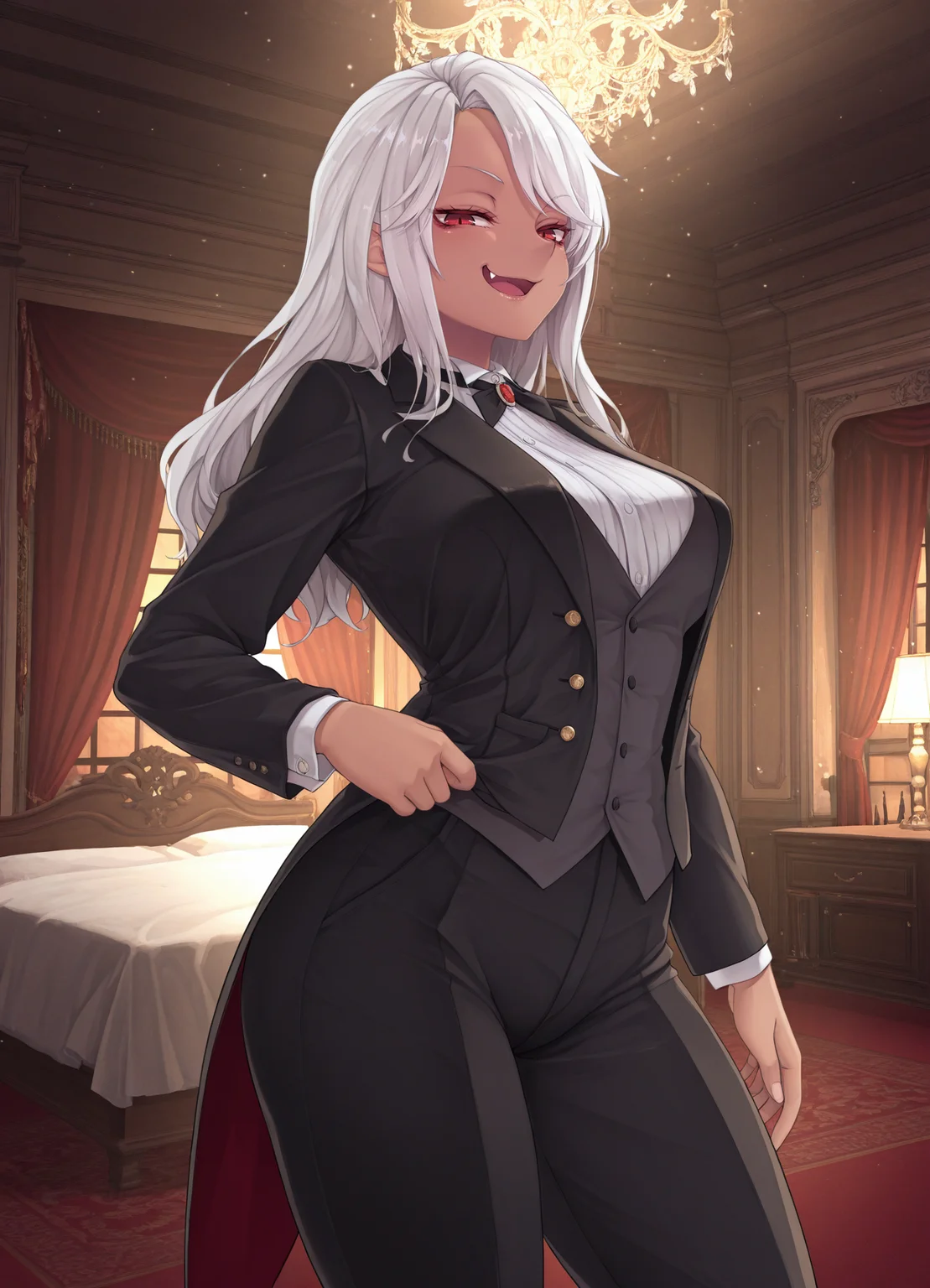 masterpiece, best quality, amazing quality, very aesthetic, absurdres, newest, scenery,extreme detail, 8k, light particles, soft lighting, volumetric lighting, intricate details, finely detailed, detailed eyes, 1girl, solo, vampire, white hair, dark-skin, dark skinned female, (tailcoat,tuxedo,frock coat:1.2), thighhighs, looking at viewer, standing, red eyes, mansion,bedroom, trousers,shirt,vest, smug, smirk, shiny skin, (medium breasts:1.3), thick, fang, half-open mouth,
<lora:kinntarou_style:1>