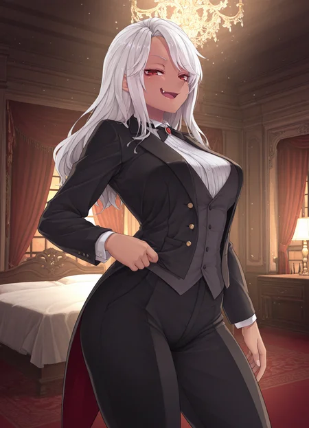 masterpiece, best quality, amazing quality, very aesthetic, absurdres, newest, scenery,extreme detail, 8k, light particles, soft lighting, volumetric lighting, intricate details, finely detailed, detailed eyes, 1girl, solo, vampire, white hair, dark-skin, dark skinned female, (tailcoat,tuxedo,frock coat:1.2), thighhighs, looking at viewer, standing, red eyes, mansion,bedroom, trousers,shirt,vest, smug, smirk, shiny skin, (medium breasts:1.3), thick, fang, half-open mouth,
<lora:kinntarou_style:1>
