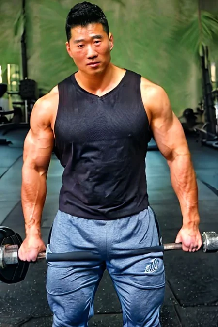 asian sexytrainer, tank top/sleeveless shirt, shorts/sweatpants/leggings, sneakers, gym, holding dumbbell/weightlifting, exercise, realistic, masterpiece, intricate details, detailed background, depth of field, photo of a handsome, dynamic pose, sweaty, sidepec, exercise, natural face expression, detailed Hunter Kang face, nipples, bulge, serious face