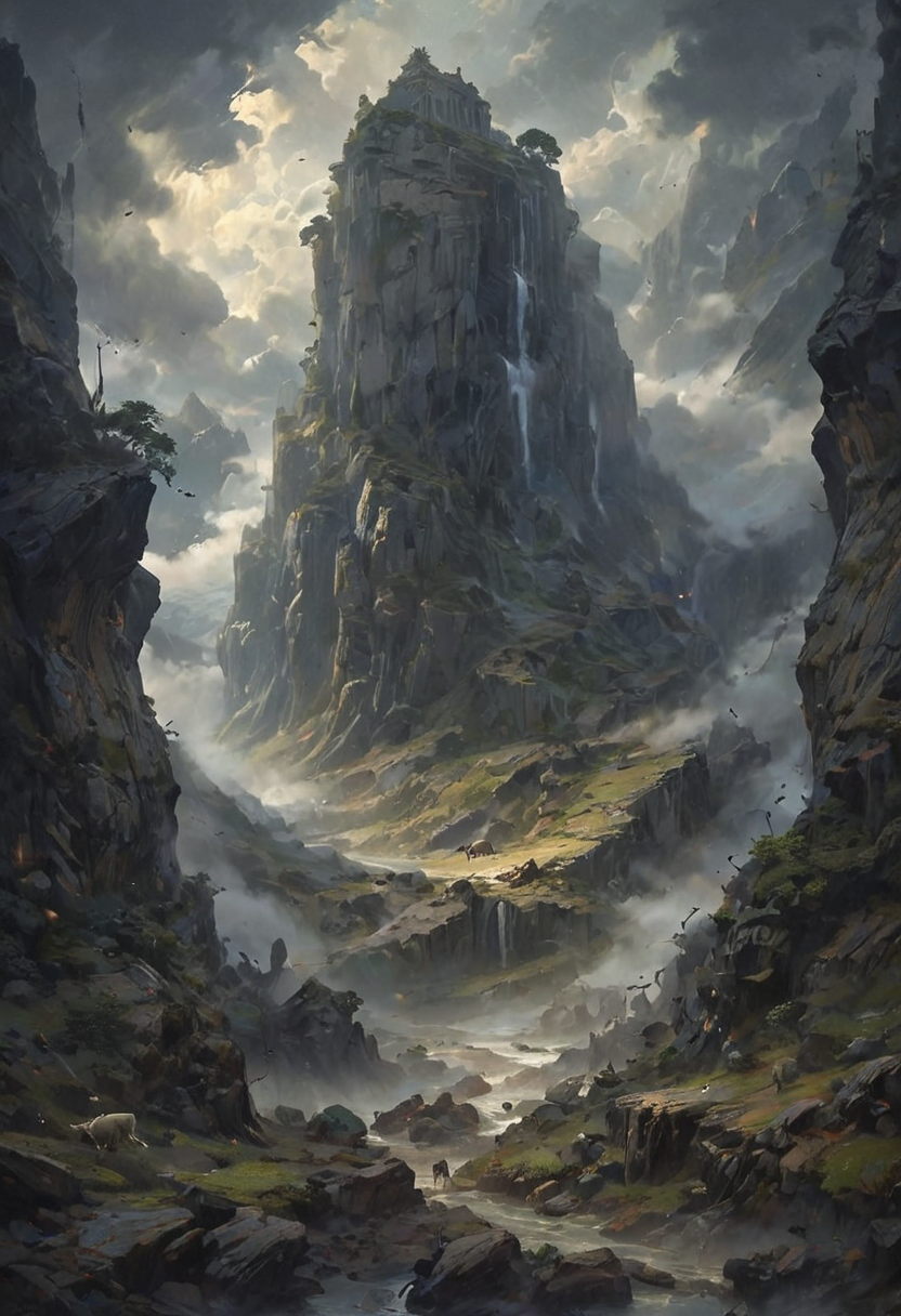 View from a rocky ledge to a massive, weathered ark resting between two high, jagged hills. The scene is shrouded in a thick, ominous fog, with an eerie stillness in the air. The ark, appearing ancient and majestic, looms large against the chaotic swirl of dark clouds above. The sky is filled with ominous, swirling clouds, casting deep shadows over the landscape. Animals of all kinds are faintly visible through the mist, gathering in pairs and moving towards the ark. The overall scene evokes a sense of awe and solemnity, capturing the profound moment of Noah's Ark amid the turbulent surroundings. [romantic impressionism,dream scenery art,beautiful oil matte painting,romantic,style of thomas kinkade,beautiful digital painting,anime landscape,romantic painting,dreamlike digital painting,colorful painting,beautiful gorgeous digital art,style of greg rutkowski,janek sedlar,jenny saville:0] <lora:vivid_everclear:0.6>  <lora:Sinozick:1>