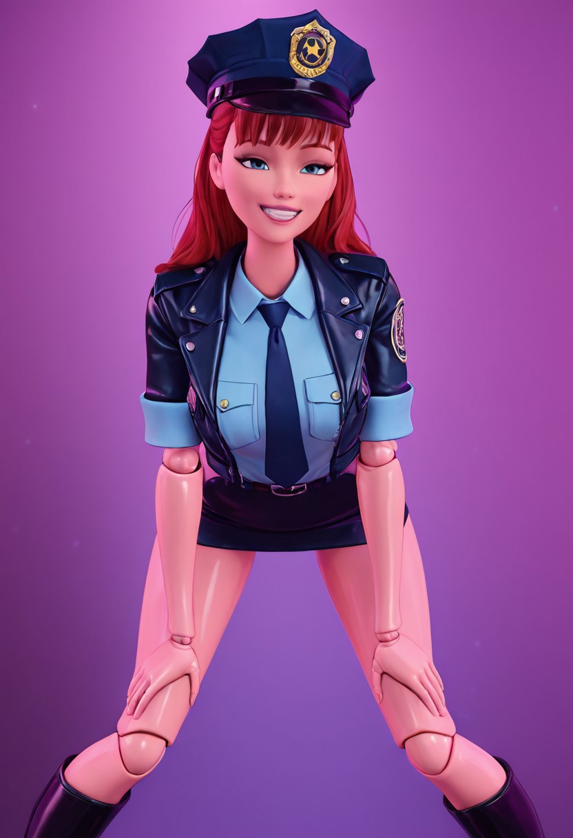ts_barbie, shiny, plastic skin, 3d, cgi, pink and blue lighting, out of focus girl's bedroom as background, doll joints, rust red hair, smile, teeth showing, seductive expression, Police officer cosplay, cop hat tilted on head, blue button up open halfway with a open cropped jacket on top, tight pencil skirt, black leather healed boots that goes to the knees