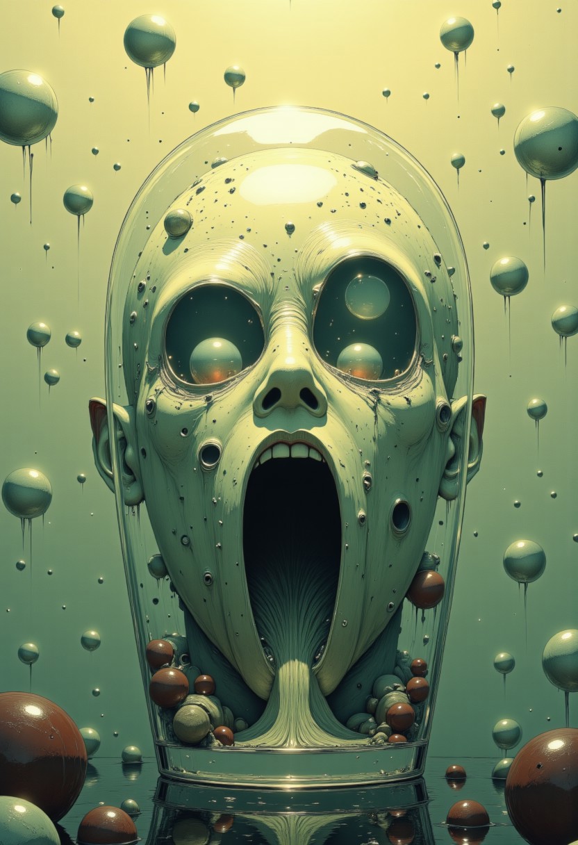 Ultra realistic photo of condensation on glass, capturing an ethereal face-like formation in bubbles, shot with precise focus and shallow depth of field. The main bubble cluster creates distinct facial features - two hollow circular voids forming haunting eye sockets and an elongated opening suggesting a silent scream. Intricate details of water droplets cascade around the central formation, their surface tension creating prismatic light effects. The glass surface is heavily fogged with a fine mist of moisture, creating a dreamy, translucent canvas. Soft, diffused warm lighting filters through from behind, casting gentle shadows and highlighting the delicate water formations. The background dissolves into a creamy bokeh of warm yellows and beiges. Multiple smaller bubbles cluster around the main shape, adding dimensional depth and texture. The overall composition evokes the style of abstract portraiture mixed with scientific microscopy. Shot with professional macro lens at f/2.8, inspired by the ethereal quality of Gregory Crewdson's atmospheric lighting. The mood is simultaneously beautiful and unsettling, with the ghostly face emerging from the natural phenomena of condensation., beautiful, vibrant, masterpiece, 32k, ultra HD, ultra-detailed, amazing quality, amazing artist, sharp edges, detailed textures, full view, atmospheric lighting, amazing visuals. Fantasy landscape