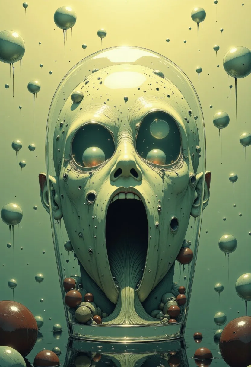 Ultra realistic photo of condensation on glass, capturing an ethereal face-like formation in bubbles, shot with precise focus and shallow depth of field. The main bubble cluster creates distinct facial features - two hollow circular voids forming haunting eye sockets and an elongated opening suggesting a silent scream. Intricate details of water droplets cascade around the central formation, their surface tension creating prismatic light effects. The glass surface is heavily fogged with a fine mist of moisture, creating a dreamy, translucent canvas. Soft, diffused warm lighting filters through from behind, casting gentle shadows and highlighting the delicate water formations. The background dissolves into a creamy bokeh of warm yellows and beiges. Multiple smaller bubbles cluster around the main shape, adding dimensional depth and texture. The overall composition evokes the style of abstract portraiture mixed with scientific microscopy. Shot with professional macro lens at f/2.8, inspired by the ethereal quality of Gregory Crewdson's atmospheric lighting. The mood is simultaneously beautiful and unsettling, with the ghostly face emerging from the natural phenomena of condensation., beautiful, vibrant, masterpiece, 32k, ultra HD, ultra-detailed, amazing quality, amazing artist, sharp edges, detailed textures, full view, atmospheric lighting, amazing visuals. Fantasy landscape