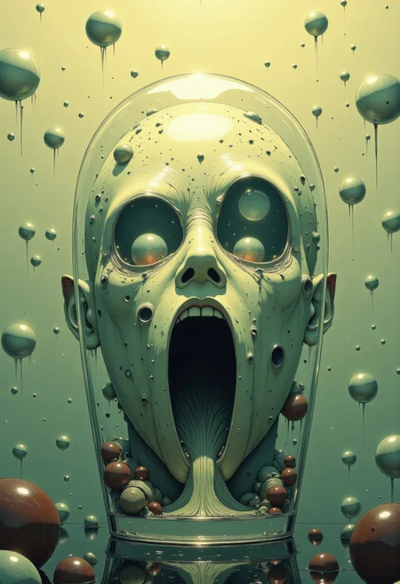 Ultra realistic photo of condensation on glass, capturing an ethereal face-like formation in bubbles, shot with precise focus and shallow depth of field. The main bubble cluster creates distinct facial features - two hollow circular voids forming haunting eye sockets and an elongated opening suggesting a silent scream. Intricate details of water droplets cascade around the central formation, their surface tension creating prismatic light effects. The glass surface is heavily fogged with a fine mist of moisture, creating a dreamy, translucent canvas. Soft, diffused warm lighting filters through from behind, casting gentle shadows and highlighting the delicate water formations. The background dissolves into a creamy bokeh of warm yellows and beiges. Multiple smaller bubbles cluster around the main shape, adding dimensional depth and texture. The overall composition evokes the style of abstract portraiture mixed with scientific microscopy. Shot with professional macro lens at f/2.8, inspired by the ethereal quality of Gregory Crewdson's atmospheric lighting. The mood is simultaneously beautiful and unsettling, with the ghostly face emerging from the natural phenomena of condensation., beautiful, vibrant, masterpiece, 32k, ultra HD, ultra-detailed, amazing quality, amazing artist, sharp edges, detailed textures, full view, atmospheric lighting, amazing visuals. Fantasy landscape