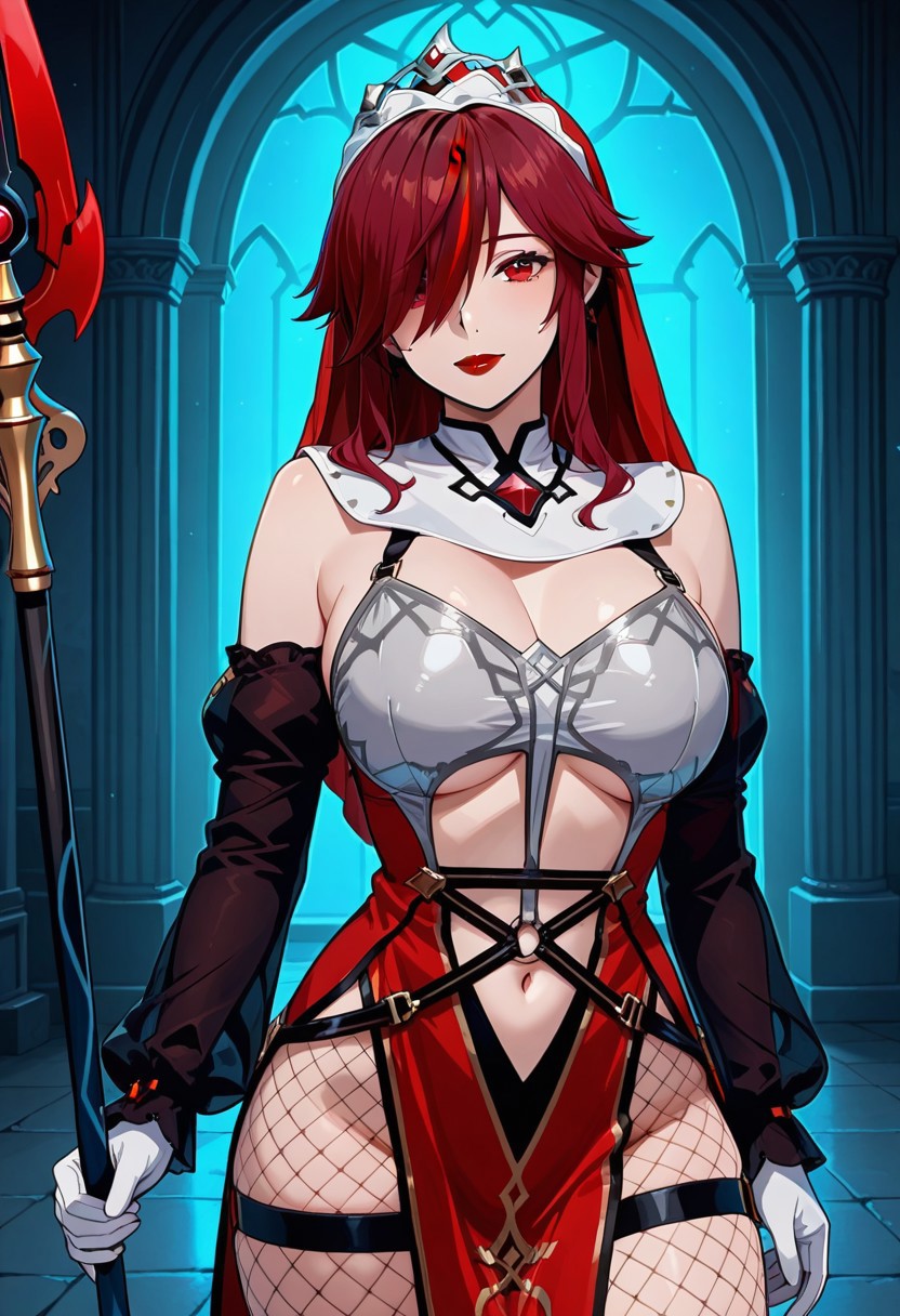 score_9,score_8_up,score_7_up,  detailed anime, screencap. source anime, masterpiece, detailed photo, perfect body, perfect face,pureerosface_v1. 
BREAK
RosariaRegular, 1girl, solo, red hair, long hair, streaked hair, hair over one eye, red eyes, large breasts, red lips, lipstick, navel, wide hips, curvy, 
BREAK
white elbow gloves, fishnet pantyhose, holding spear polearm, holding weapon, bare shoulders, nun habit, jewelry, ruby on chest, silver lines on dress, red and black pelvic curtain, golden lines on pelvic curtain, white dress, two-tone dress, detached sleeves, veil, multicolored headwear tiara, high heel boots,
BREAK
cowboy shot, standing, holding spear, front view, looking at viewer, fantasy town, night, detailed background,