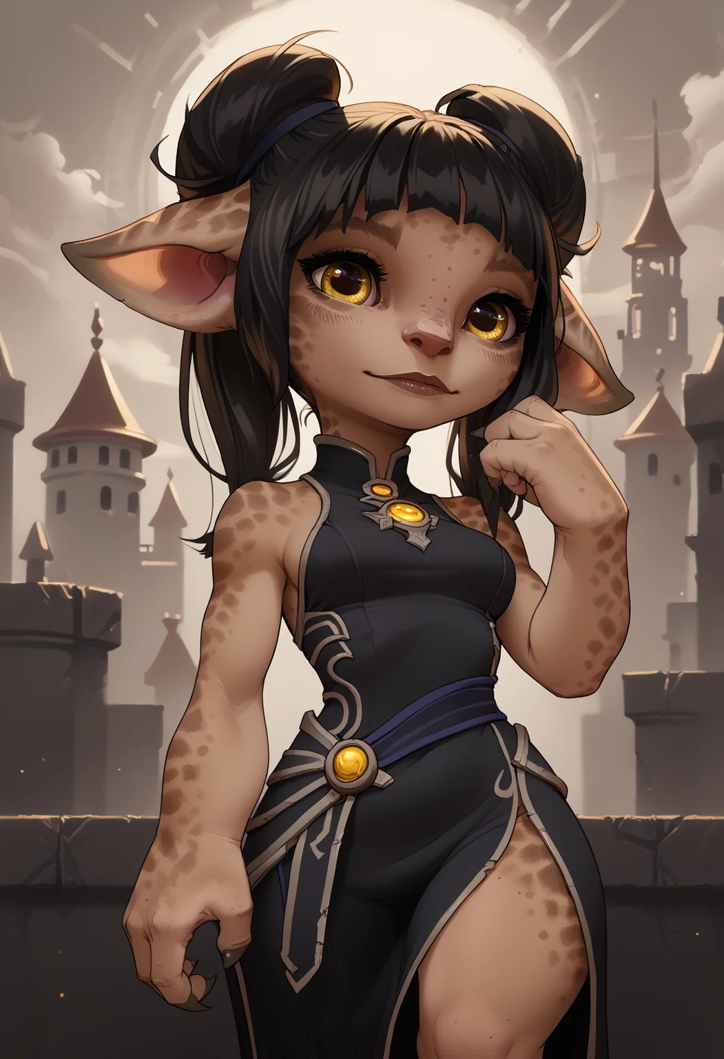 score_9, score_8_up, score_7_up, Asura, female, Guild Wars, brown skin, spots, freckles, yellow eyes, black hair, double bun, twintails, floppy ears, 4 fingers, claws, shortstack, medium breasts, round breasts, curvy,
black dress, standing,
detailed background, fantasy city,
<lora:Round_Breasts_XL_XV7:0.8> <lora:AsuraPony_v9d_ngw:0.8>