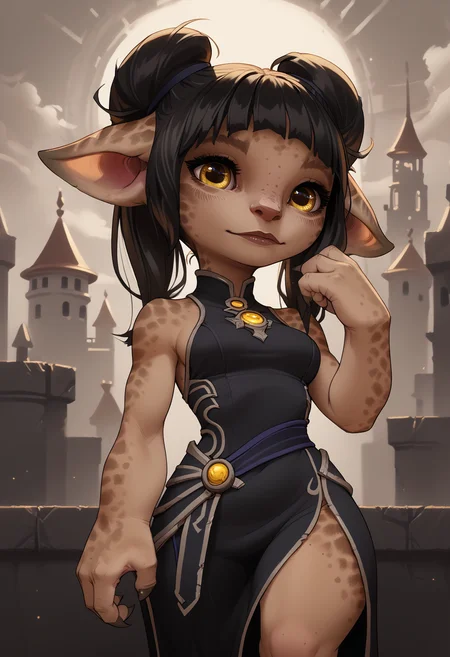 score_9, score_8_up, score_7_up, Asura, female, Guild Wars, brown skin, spots, freckles, yellow eyes, black hair, double bun, twintails, floppy ears, 4 fingers, claws, shortstack, medium breasts, round breasts, curvy,
black dress, standing,
detailed background, fantasy city,
<lora:Round_Breasts_XL_XV7:0.8> <lora:AsuraPony_v9d_ngw:0.8>