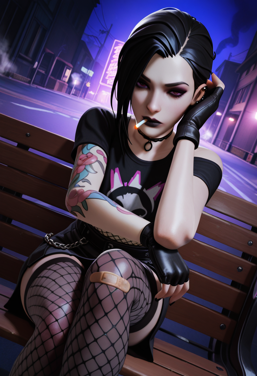 masterpiece, best quality, intricate details, detailed background, beautiful detailed, beautiful face, detailed eyes, detailed face, new, newest, ub3rstyl3, 1girl, solo, jinx_(league_of_legends), cowboy shot, looking at viewer, dutch angle, dynamic pose, goth, black hair, makeup, black lips, choker, black shirt, fishnets, fingerless gloves, mesh shirt, skirt, chains, piercing, night, street, sitting, bench, adjusting hair, stockings, legs to chest, smoke, cigarette, bandaid on knee, tattoo,