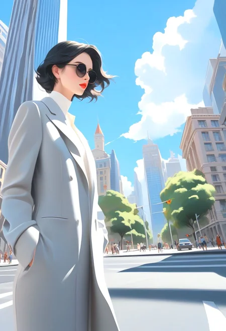 best quality, high res, (1/3_front:1.5), lower_angle, (upper_3/4:1.3), feet_out, 1girl, (comp_left:1.27), d_long ,asymmetrical,, young woman, black hair fluttering gently, blue eyes, deep eye set, sunglasses, stunning lips, mouth closed, elegant suit,, on street, crossroad, waiting for the traffic light to turn green,crowded CBD, cityscape, outdoors, day, sunny, blue sky, tree, natural lighting, semi-realistic