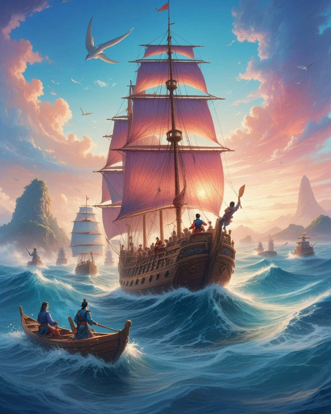 ethereal fantasy concept art of anime artwork phantom fleet regattas racing through tsunami surfing zones aboard blood magic dhows competing for charts to the world's edge, Role-playing game (RPG) style fantasy, Detailed, vibrant, immersive, reminiscent of fantasy RPG games,,
<lora:iLLMythG0thicL1nes:0.5> G0thicL1nes,
<lora:Detail_Tweaker_Illustrious_BSY_V3:0.7> detailed,
<lora:Dramatic Lighting Slider:1>,
<lora:NOOB_vp1_detailer_by_volnovik_v1:0.3>,
<lora:reij-rt:0.3>, <lora:aidmaFLuxPro1.1_v0.3_IL:0.5> aidmafluxpro1.1,
<lora:FrankFrazettaIL:0.15>б . anime style, key visual, vibrant, studio anime, highly detailed . magnificent, celestial, ethereal, painterly, epic, majestic, magical, fantasy art, cover art, dreamy