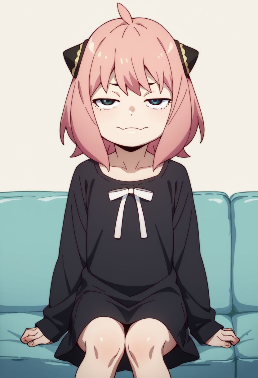 score_9, score_8_up, score_7_up, score_6_up, score_5_up, score_4_up, an_ya, pink hair, sitting on a couch, petite, smug, OverallDetail, fFaceDetai, black dress