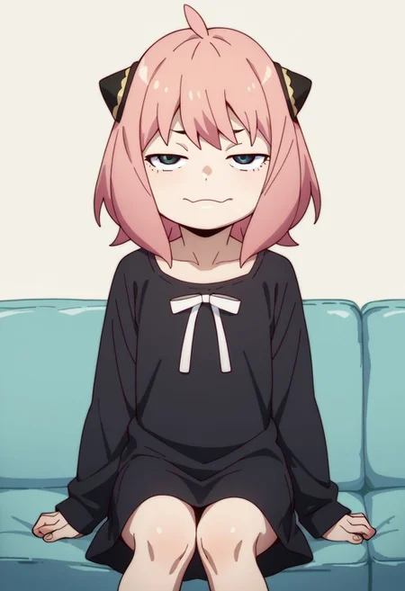 score_9, score_8_up, score_7_up, score_6_up, score_5_up, score_4_up, an_ya, pink hair, sitting on a couch, petite, smug, OverallDetail, fFaceDetai, black dress