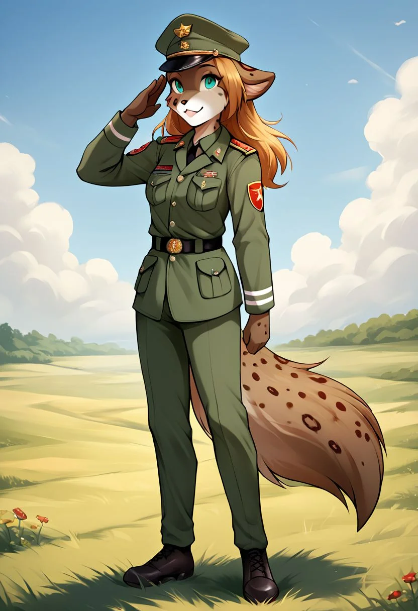 score_9, score_8_up, score_7_up, score_6_up, score_5_up, score_4_up, rating_explicit, source_furry, tkkathrin, keidran, mammal, spotted fur, teal eyes, anthro, 1girl, female, solo, solo focus, full body, standing on two legs, fluffy tail, long hair, medium breast, the army uniform of the Soviet Union, officer's cap of the Soviet Union, in the field, The salute gesture, cute expression, field, detailed backgroud, detailed face