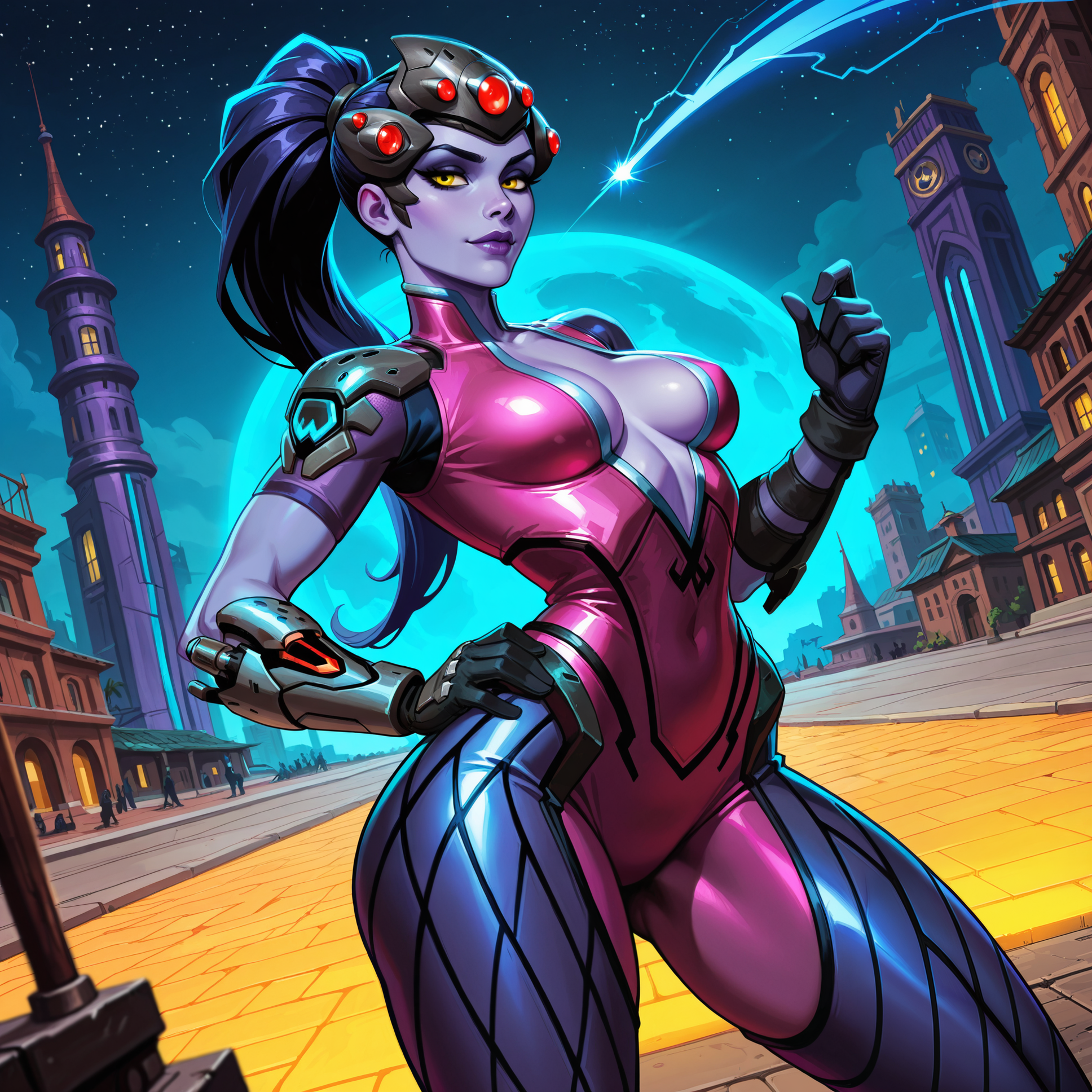 2d, source_cartoon, western comics \(style\),

intricate detail,

eye contact:1.2, looking at viewer:1.25, dynamic angle, dynamic shot, fingers on lips, hand on hip, arched back, seductive pose,

BREAK

1girl, solo, widowmaker from overwatch, purple colored skin, yellow colored eyes,

fit body, almond shaped eyes, long eyelashes, medium breasts, small narrow waist, wide hips, thick thighs,

BREAK

widowmaker outfit, purple and black widowmaker outfit,

BREAK

detailed background, detailed scenery, outdoors, futuristic overwatch background, nighttime,