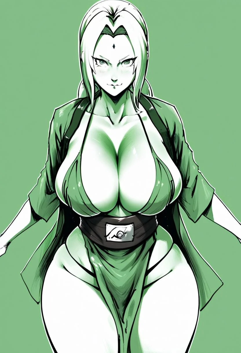 score_8_up, score_7_up, score_6_up, score_5_up, score_4_up, source_anime, monochrome, masterpiece, best quality, 1girl, Tsunade (Naruto) forehead mark, bikini, huge breasts, japanese kimono, wide hips, looking at viewer, meduim hair, green background, solo,
