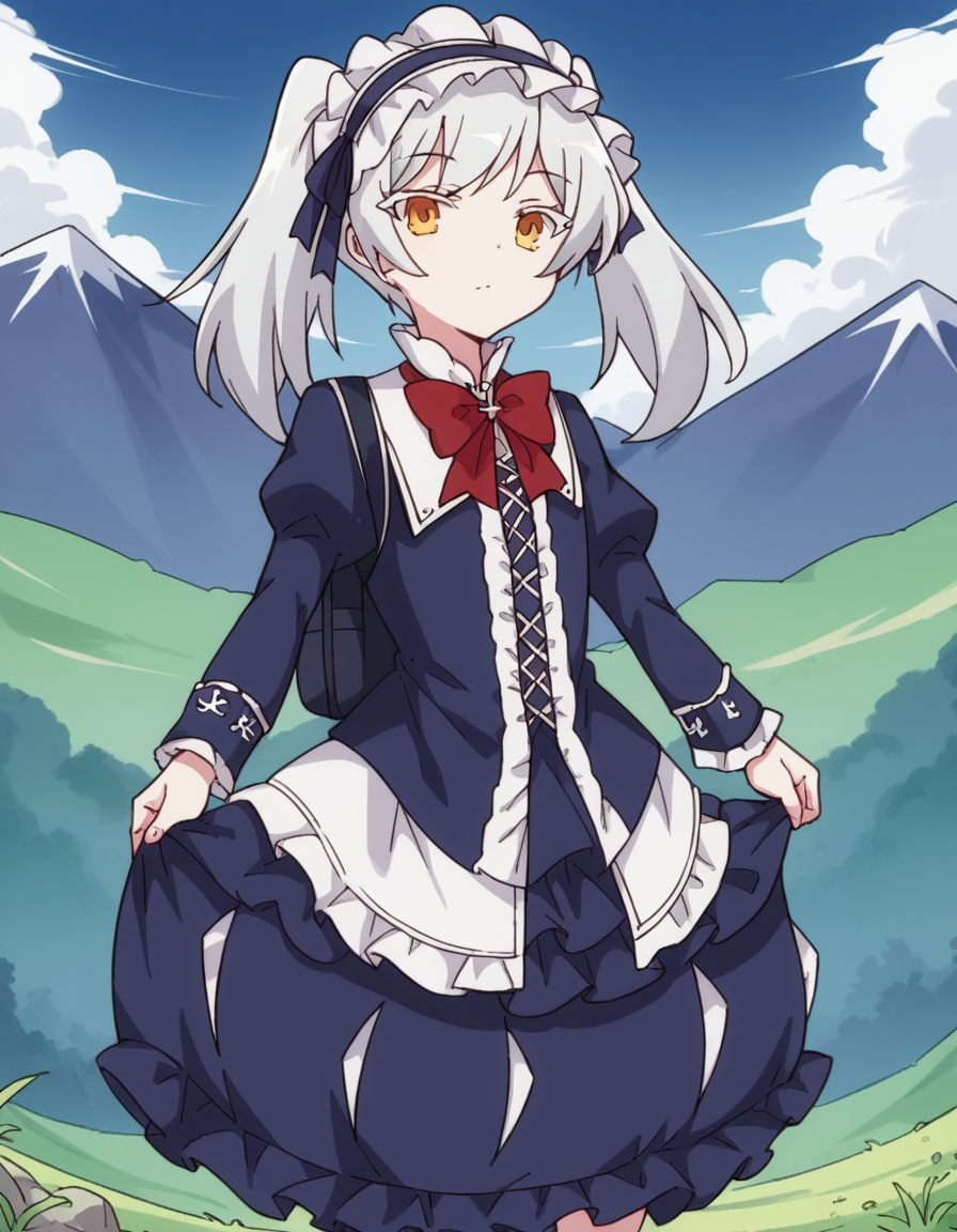 score_9, score_8_up, score_7_up, source_anime, <lora:isekaismartphone-leen-s2-ponyxl-lora-nochekaiser:1>, leen, ribbon, twintails, yellow eyes, white hair,, dress, blue dress, long sleeves, frilled dress, red bowtie, puffy sleeves, frilled skirt, skirt, blue skirt, headdress, frille headdress,, mountain trail, hiking, nature, backpack, adventure, fresh air, , v,, looking at viewer, solo,, dutch angle, cowboy shot