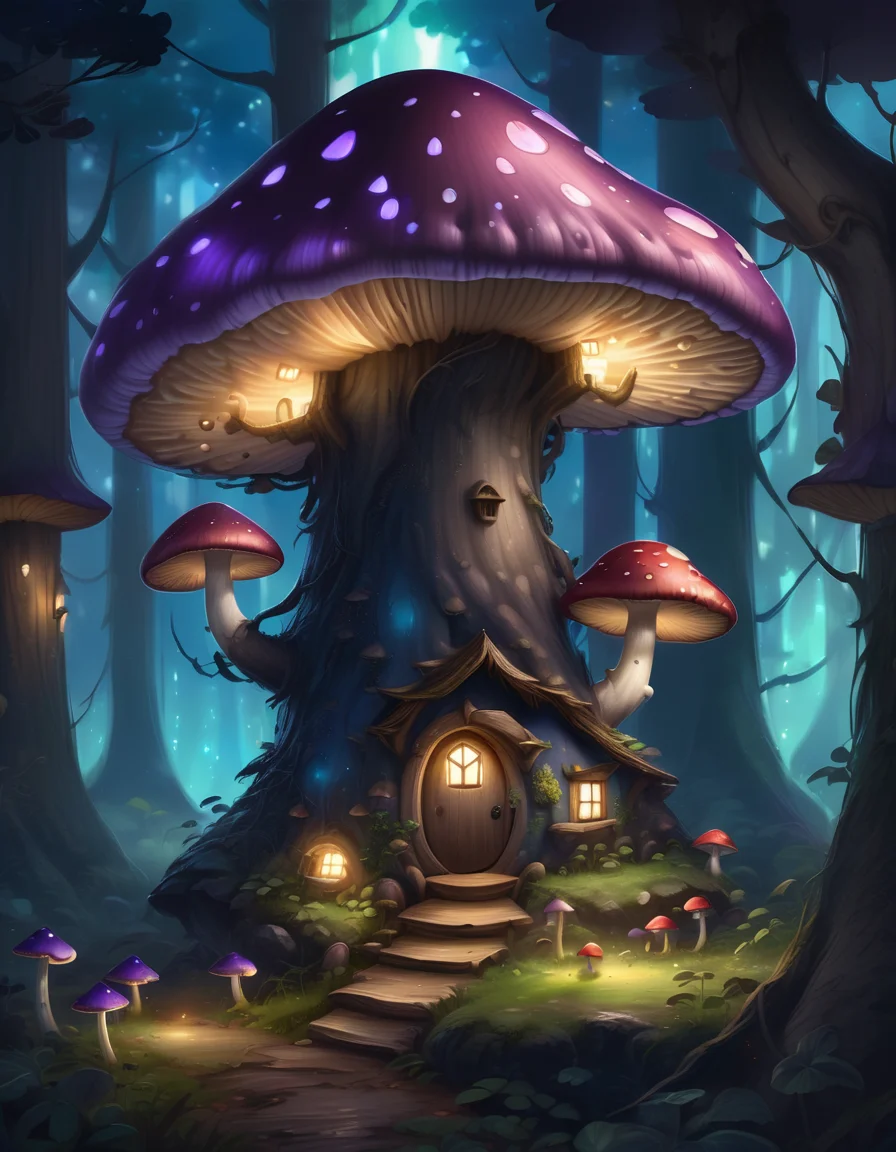 dark glowing forest, fairytale treehouse village in a bioluminescent mushroom forest, matte painting, highly detailed, dynamic lighting, cinematic, realism, realistic, photo real, night time, dark, blue green and purple theme, detailed, high contrast, denoised, centered, michael whelan <lora:FaeStyle:1>