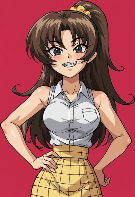 score_9, score_8_up, score_7_up, 1girl, solo, flat color, Luan Loud, brown hair, ponytail, black eyes, yellow scrunchie, braces, buck teeth, long hair, parted bangs, white shirt, collared shirt, sleeveless, yellow skirt, plaid skirt, medium breasts, narrow waist, wide hips, hip sway, hand on hips, seductive, sexy, <lora:Asagi_OAV_:0.6>,