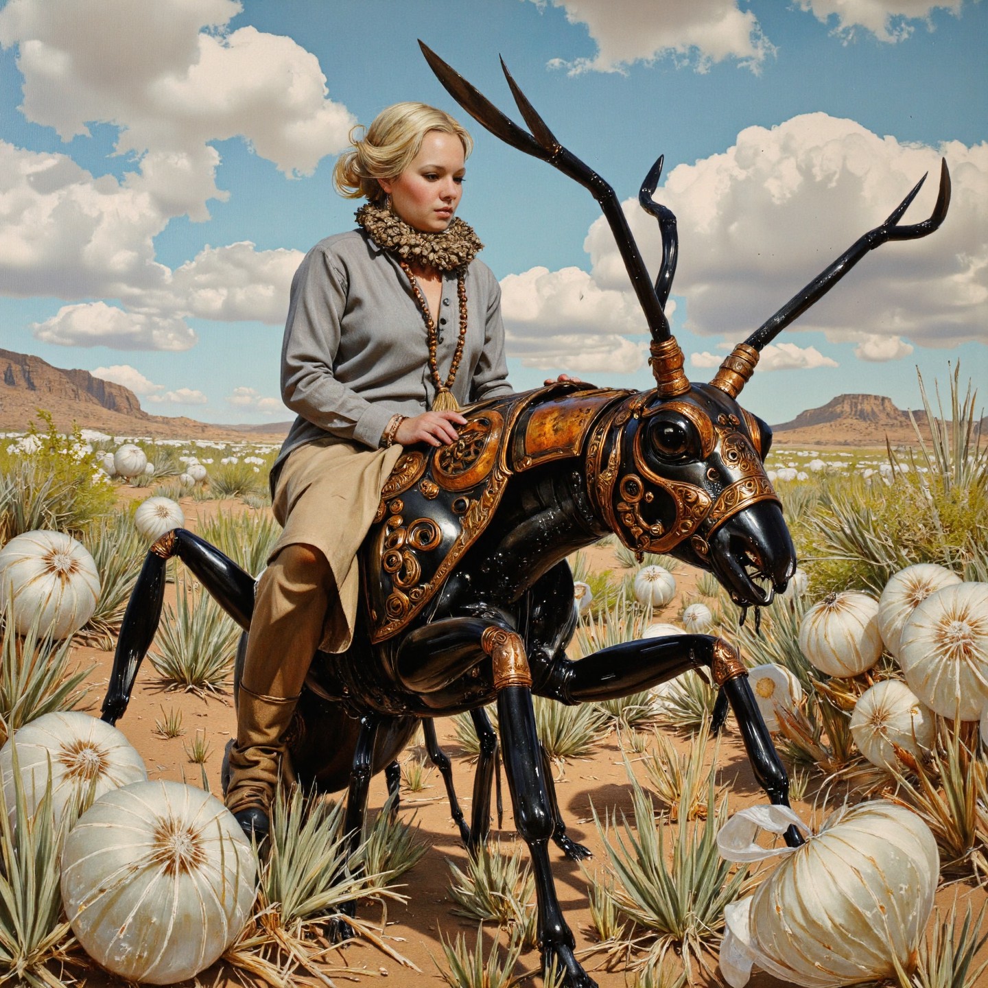 <lora:Vintage_Nudity_60s:0.8> fl0rate fractal portrait of a frilled mature Central African female cyborg riding a giant ant in a Wild West landscape, glass tumbleweeds. She is wearing long sleeve button-up shirt tucked into ankle-length skirt and prayer beads with tassel. Intricate black and bronze and copper, monumental, very detailed. many pale bulbous organic shapes. <lora:Florate Flux_v2_epoch_10:0.8>