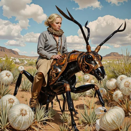<lora:Vintage_Nudity_60s:0.8> fl0rate fractal portrait of a frilled mature Central African female cyborg riding a giant ant in a Wild West landscape, glass tumbleweeds. She is wearing long sleeve button-up shirt tucked into ankle-length skirt and prayer beads with tassel. Intricate black and bronze and copper, monumental, very detailed. many pale bulbous organic shapes. <lora:Florate Flux_v2_epoch_10:0.8>