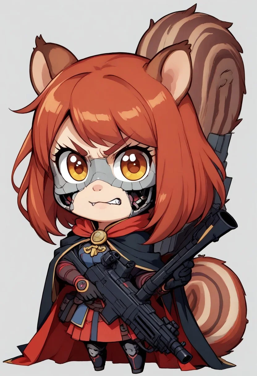score_9, score_8_up, score_7_up, best quality, fine detail, cute, squirrel girl, chibi, half_cyborg_face, holding rifle, angry eyebrows, roar, futuristic sci-fi wasteland,