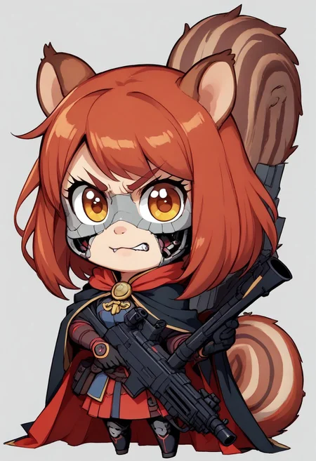 score_9, score_8_up, score_7_up, best quality, fine detail, cute, squirrel girl, chibi, half_cyborg_face, holding rifle, angry eyebrows, roar, futuristic sci-fi wasteland,