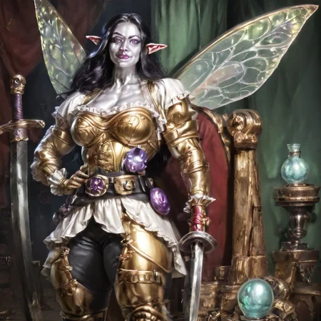 Action scene, Photo realistic, hyper realistic, score_9, rating_safe, solo (arch fey woman, (beautiful detailed face), (violet eyes), (gold metallic silver skin ral-polishedsteel), (pirate, white blouse, black pants, gloves), (fairy wings), (long black hair), (thick thighs | large muscles), (sword belt)), standing next to a throne, in a detailed throne room, hi res, hi quality, 4k, realism