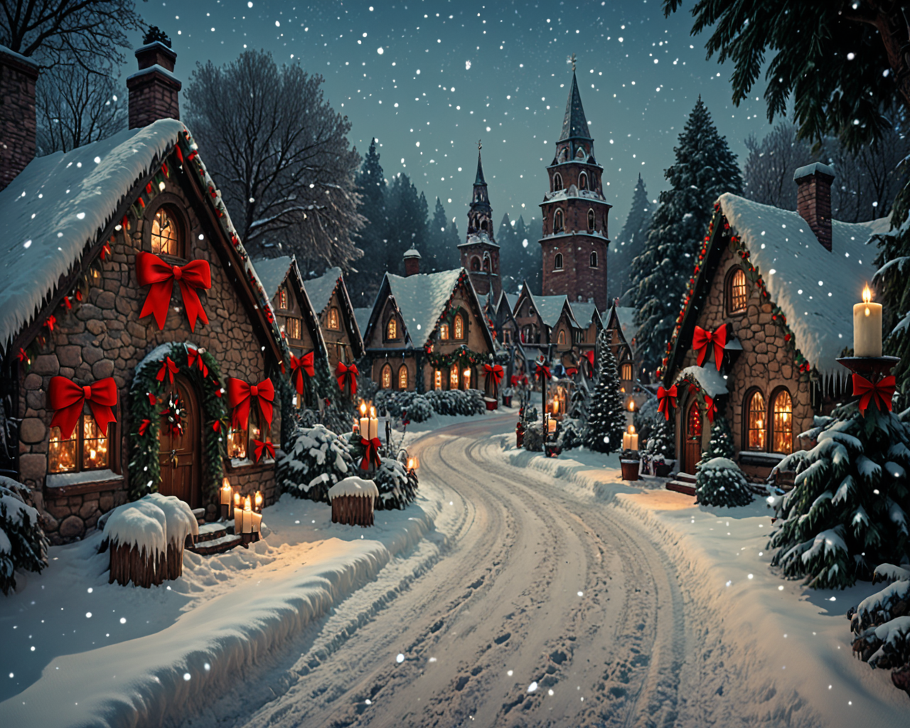 score_6_up,score_5_up,score_4_up, masterpiece, best quality, very aesthetic, life-like, photograph, real place, actual location, New England town, detailed textures, bright colors, natural light, ultra HD, fine details, soft background blur, <lora:Wolvies_Christmas_Village_STYLE_v241215.0040:1> xmas_village, holiday, Christmas, scenery, night, winter, Christmas tree, lamppost, a small village at (night:1.1), at Christmas time, with candles in the windows, snow covered, falling snow, cozy look at feel, cheery, incredible quality, highly realistic, incredible detail, 32k, complex, photographic quality, masterpiece, best quality, very aesthetic, 1700s, cottage, storybook architecture, Thomas Kinkade style, shimmering lights, brilliant colors