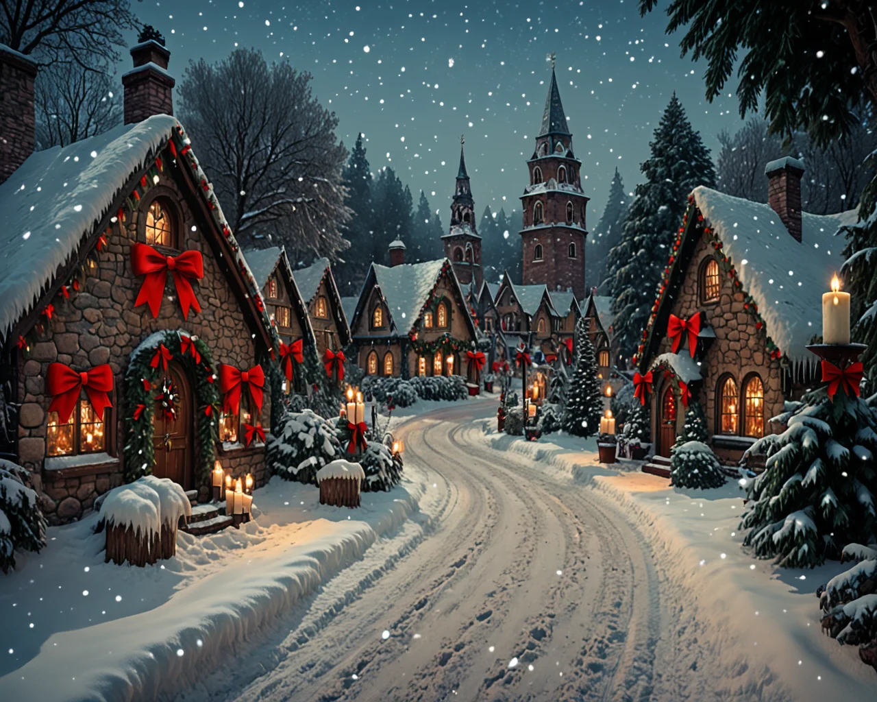 score_6_up,score_5_up,score_4_up, masterpiece, best quality, very aesthetic, life-like, photograph, real place, actual location, New England town, detailed textures, bright colors, natural light, ultra HD, fine details, soft background blur, <lora:Wolvies_Christmas_Village_STYLE_v241215.0040:1> xmas_village, holiday, Christmas, scenery, night, winter, Christmas tree, lamppost, a small village at (night:1.1), at Christmas time, with candles in the windows, snow covered, falling snow, cozy look at feel, cheery, incredible quality, highly realistic, incredible detail, 32k, complex, photographic quality, masterpiece, best quality, very aesthetic, 1700s, cottage, storybook architecture, Thomas Kinkade style, shimmering lights, brilliant colors