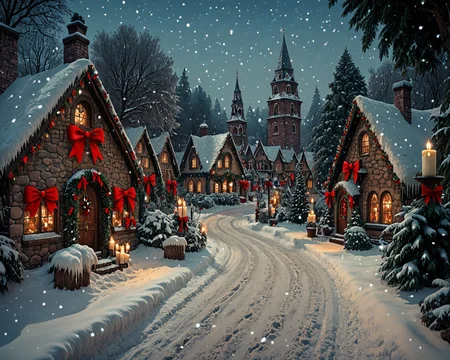 score_6_up,score_5_up,score_4_up, masterpiece, best quality, very aesthetic, life-like, photograph, real place, actual location, New England town, detailed textures, bright colors, natural light, ultra HD, fine details, soft background blur, <lora:Wolvies_Christmas_Village_STYLE_v241215.0040:1> xmas_village, holiday, Christmas, scenery, night, winter, Christmas tree, lamppost, a small village at (night:1.1), at Christmas time, with candles in the windows, snow covered, falling snow, cozy look at feel, cheery, incredible quality, highly realistic, incredible detail, 32k, complex, photographic quality, masterpiece, best quality, very aesthetic, 1700s, cottage, storybook architecture, Thomas Kinkade style, shimmering lights, brilliant colors