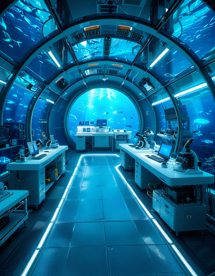A futuristic underwater research laboratory,underwater research l4b0r4t0ry, located deep beneath the ocean's surface, surrounded by vibrant marine life and illuminated by soft, bioluminescent lighting. The laboratory features large, reinforced glass domes offering a panoramic view of the surrounding blue abyss, with schools of colorful fish and rays of sunlight filtering through the water above. Inside, advanced scientific equipment, glowing computer screens, and researchers in modern wetsuits or lab coats are visible, conducting experiments. The structure is sleek and metallic, with curved, aerodynamic designs to withstand water pressure. Coral reefs and marine plants grow nearby, adding natural beauty. The lighting is a mix of cool, bluish tones, with faint yellow lights from the laboratory windows creating a contrast. The atmosphere is calm yet futuristic, with a focus on scientific exploration and harmony with the marine environment.
<lora:SDXLFaeTastic2400:0.4> <lora:extremely_detailed:0.4> extremely detailed, <lora:underwater_research_l4b0r4t0ry:1>