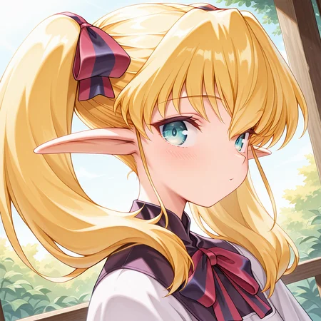 1girl,solo,<lora:IL_Collet_Brause_Pastel_Chime:1>,pc_cb,Collet Brause,elf,pointy ears,blonde hair,twintails,hair ribbon,sidelocks,
dutch angle,foreshortening,fantasy,looking at viewer,side glance,outdoors,
bowtie,school dress,
close-up of face,upper body,blush lines,from back,looking back,backhead,, masterpiece,best quality,amazing quality,very aesthetic,absurdres,