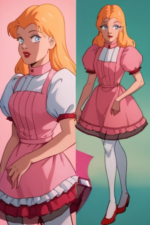 score_9_up, score_8_up, score_7_up, 1980s (style), retro artstyle, source_cartoon, rating_safe, solo 
JetLagAlice, 1girl, orange hair, blonde hair, long hair, makeup, lipstick, red lips, blue eyes, puffy sleeves, puffy short sleeves, short sleeves, dress, pink dress, apron, white pantyhose, pantyhose, skirt, shoes, red footwear
multiple_views, green_background, standing, full_body, front view, back view, from behind