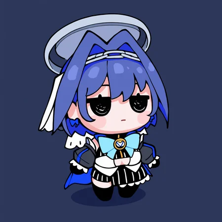 masterpiece, best quality, newest, chibi, full body, black eyes, solo, 1girl, Kr0niiDef, expressionless, standing, jitome, blue hair, short hair, hair intakes, chain headband, bow earrings, mechanical halo, white veil, striped crop top, zipper, white vest, clothing cutout, blue bow, detached sleeves, black gloves, black skirt, half-skirt, striped skirt, black thighhighs, blue cape, simple background
<segment:yolo-Anzhc Face seg 640 v3 y11n.pt,0.4,0.6//cid=11>