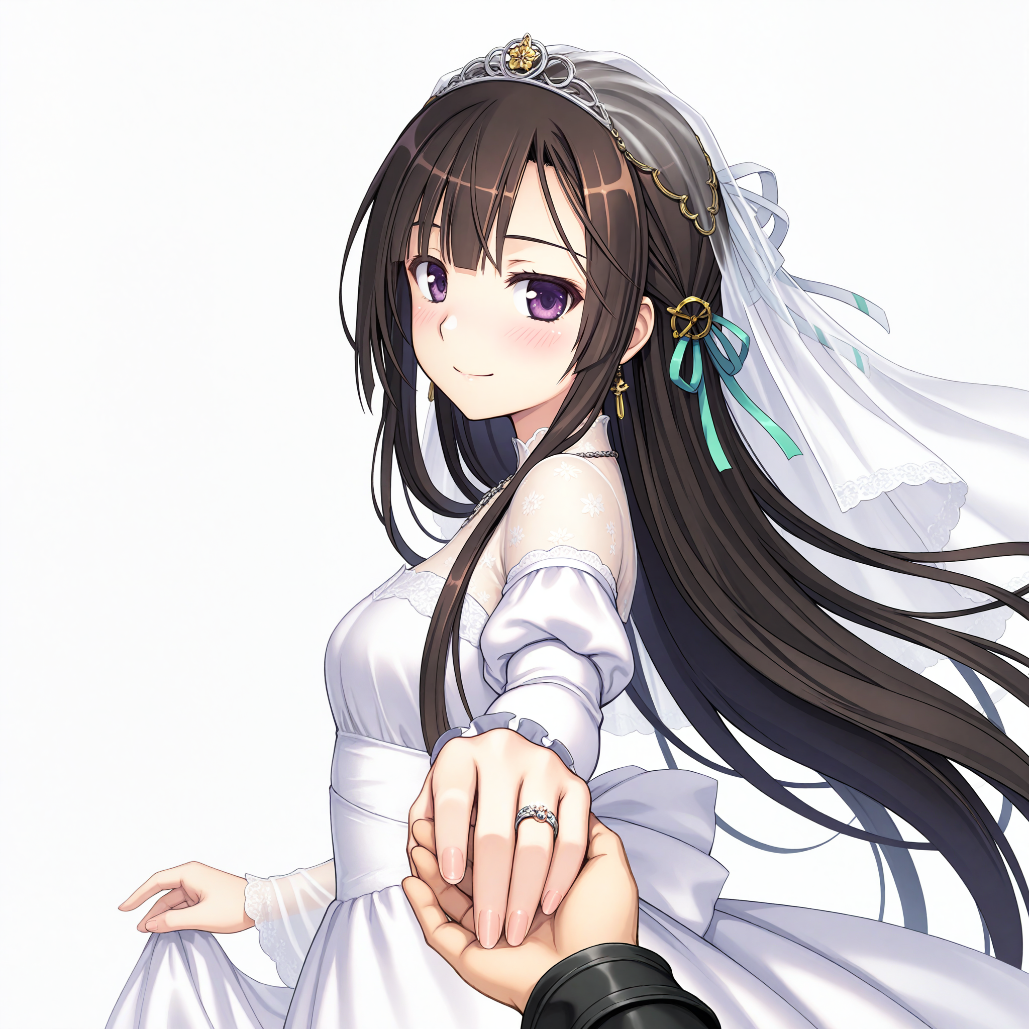 <lora:August_art_n16c16_nai_loha_2:1.1>,August art,
<lora:Oda_Kou_Adult_2_nai:0.9>,Oda Kou,hair ribbon,wedding dress,bridal veil,
1girl,solo focus,simple background,white background,wind,floating hair,from side,looking at viewer,hand grab,reaching towards viewer,blush,smile,ring,