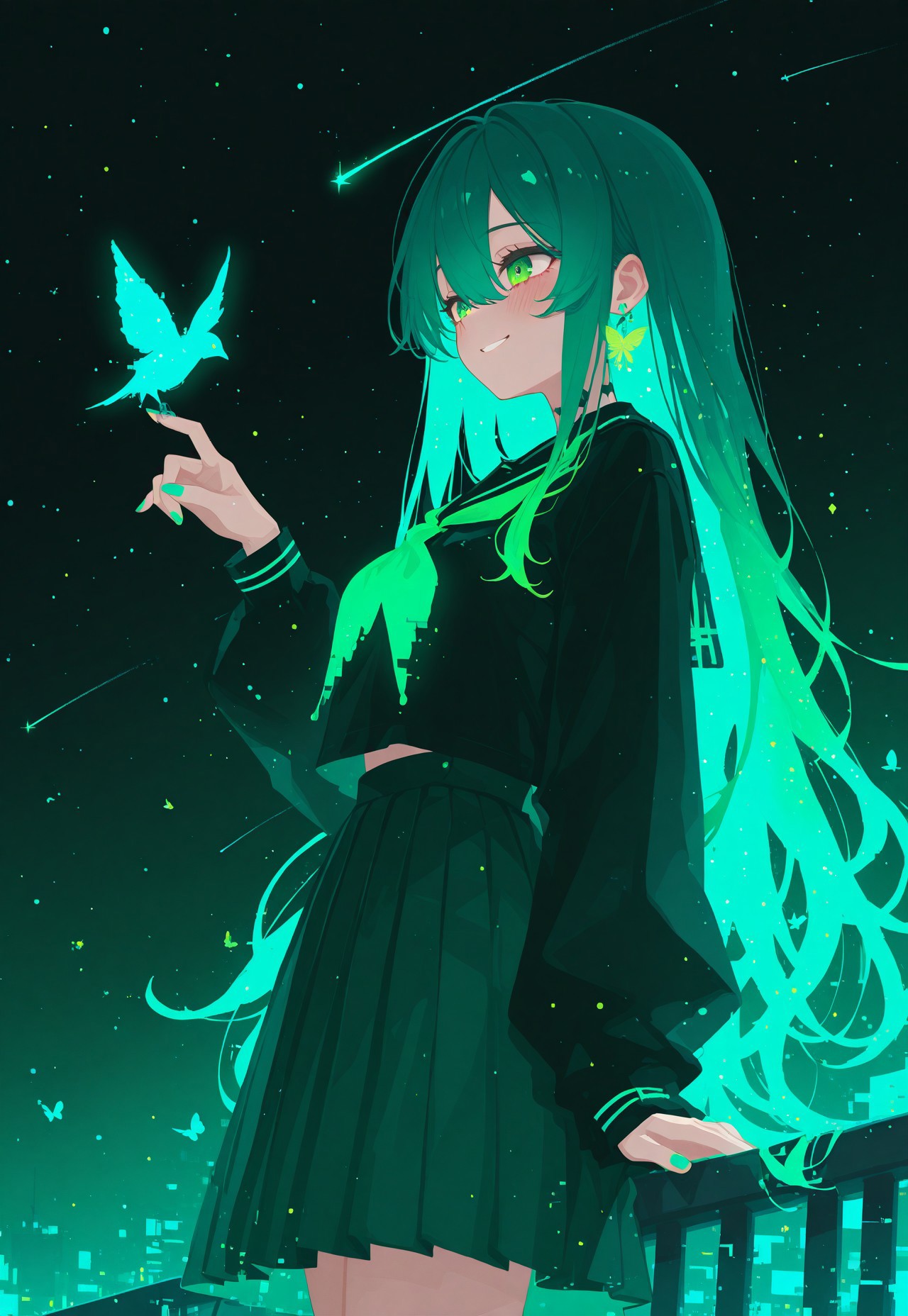 safe_pos, masterpiece, best quality, good quality, newest, highres, absurdres, volumetric lighting,gradient color, flat color, no lineart
1girl, solo, green eyes, green hair, long hair, hair between eyes, bangs, green nails, black blouse, long sleeves, a pleated skirt, and a green neckerchief, standing at the edge of a school rooftop,smiles,blue ombre tips ,gazing at the stars,gentle breeze, hair flowing, night, shooting star streaks across the sky,starry night,
bird, butterfly, jewelry, earrings, blush,  from side, low angle, looking at animal,  ,abstract, detailed, glowing stars, background, glitch
