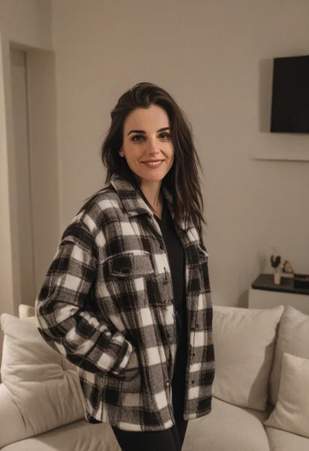 30yo woman wearing Plaid Polar Fleece Shacket with white textures
long black dark hair slick back and smooth. Kissface.
smile. Looking at camera. POV.
happy.
Living room. Fully furnished.
Night time.
Portrait.