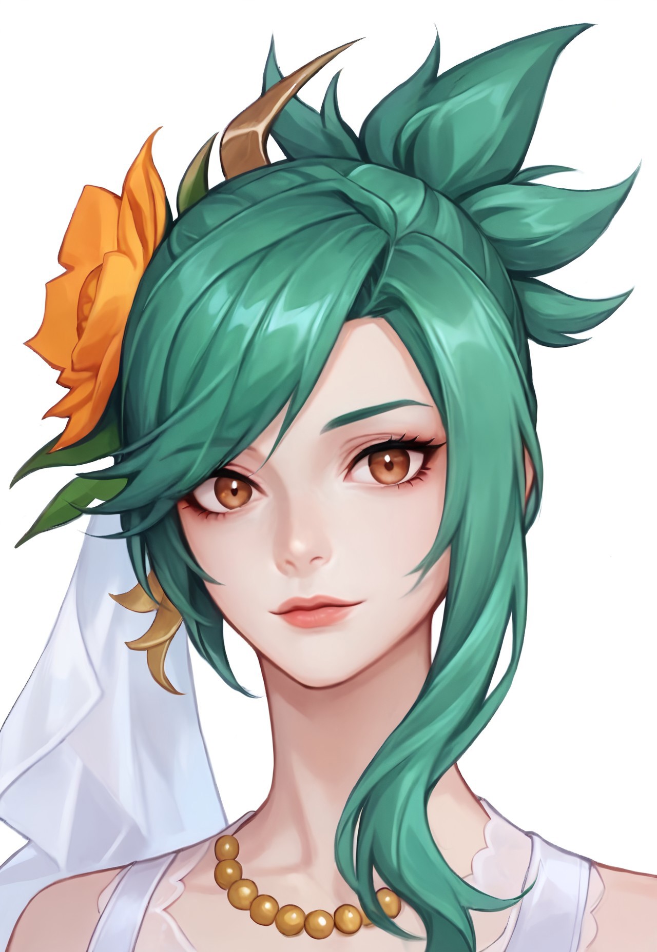 score_9, score_8_up, score_7_up, masterpiece, best quality, detailed eyes, detailed face, detailed skin, BREAK, 1girl, solo, CTRSRVN, green hair, brown eyes, hair flower, hair ornament, pearl necklace, white dress, upper body, looking at viewer, white background <lora:CTRSRVN:0.8>