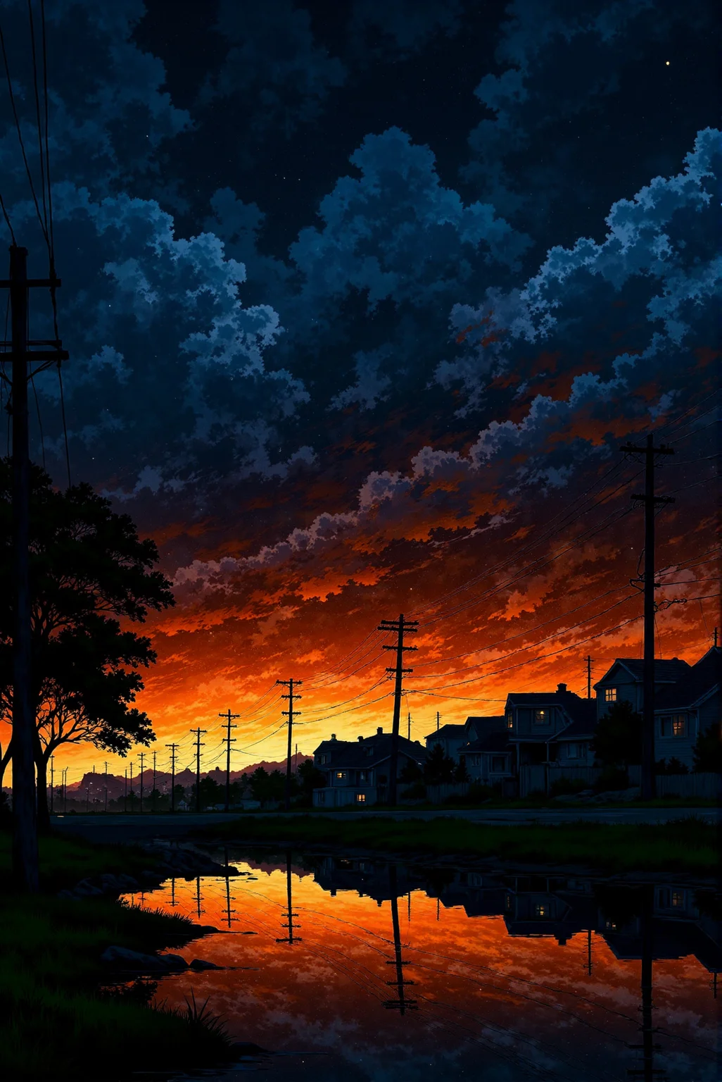 <lora:Anime_Sky:1.0> AnimeSky style. The image is a digital painting in a hyper-realistic style, capturing a breathtaking, dramatic sunset scene at dusk. The sky dominates the upper portion of the image, featuring a turbulent, stormy atmosphere with dark, ominous clouds in shades of deep navy and indigo. The clouds are interspersed with lighter, wispy tendrils and specks of light, suggesting a star-filled sky. The horizon is a gradient of vivid colors transitioning from deep orange and red near the horizon to a cool, gradient blue at the top. The sunset colors are reflected in the still water at the bottom of the image, creating a perfect mirror image of the sky and the scene below. Below the horizon, the scene transitions to a serene, suburban landscape. Power lines and poles stretch across the scene, their dark silhouettes adding to the dramatic, urban setting. Houses and buildings are visible along the silhouette of a ridge, their windows glowing with a soft, warm light, indicating they are lit inside.