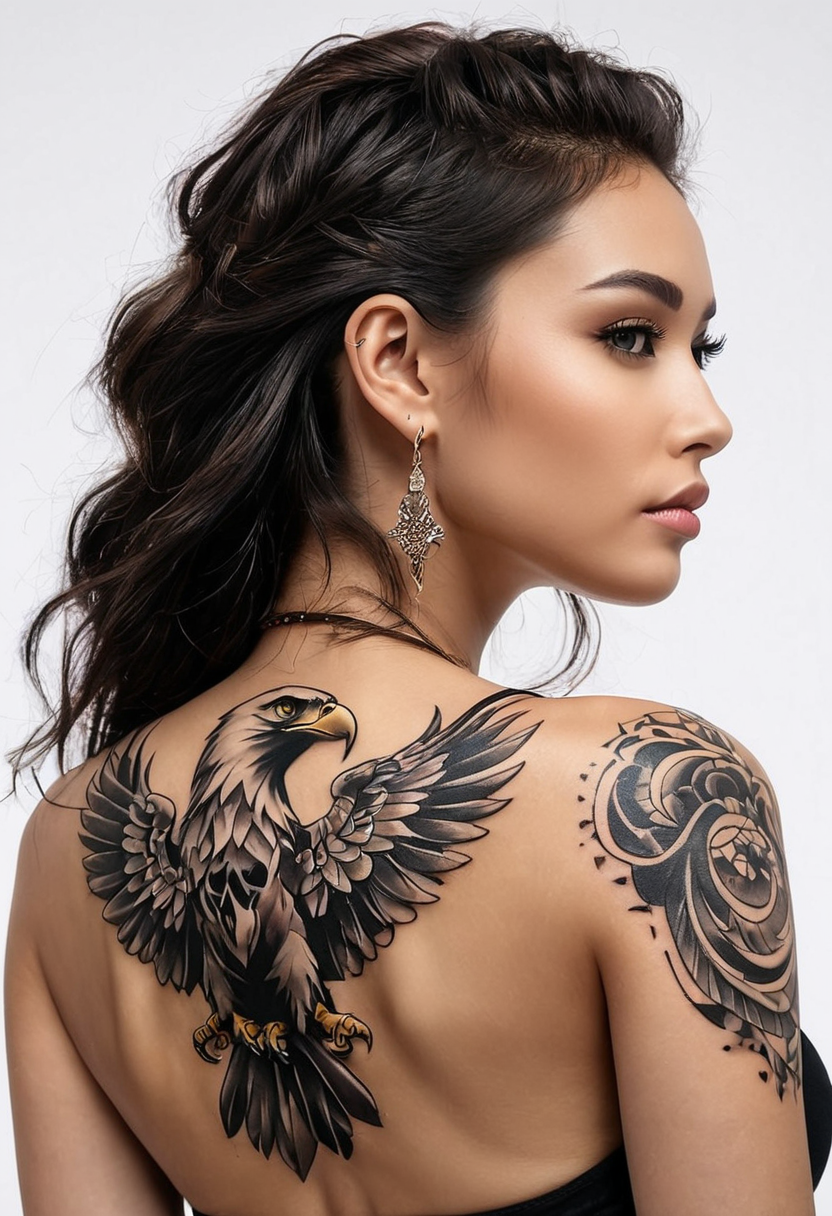White background. A detailed, ((tattoo: 1.5)) depicting a majestic eagle perched atop a human skull, on a (((woman's back: 1.5))), The skull beneath the eagle is realistically rendered, with deep shadows and highlights highlighting its structure. The tattoo features bold, contrasting colors, with the eagle's feathers in shades of brown, gold and black, while the skull features a mix of gray and white. The design is layered over natural skin tone, making it stand out with a realistic 3D effect