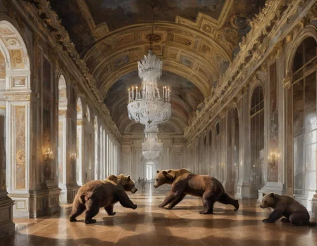 <lora:crmu:0.6>crmu, bears in large hall fighting, chandelier, archways, light rays, paintings on ceiling