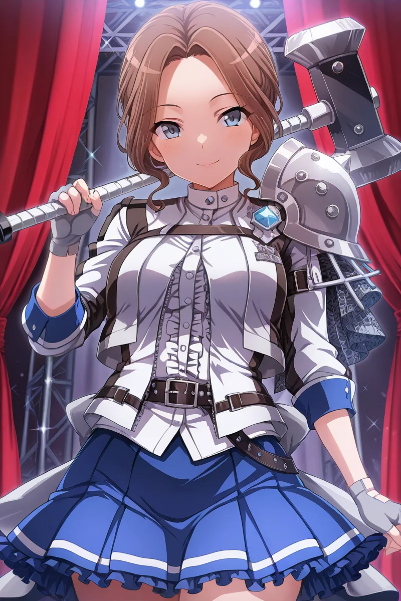 masterpiece, best quality, amazing quality,
 <lora:Hisame_IL:1> hisame, 1girl, skirt, brown hair, blue skirt, solo, blue eyes, gloves, fingerless gloves, looking at viewer, grey gloves, smile, white gloves, shirt, white shirt, frills, pleated skirt, jacket, closed mouth, shoulder armor, belt, holding hammer, stage outfit, red curtains
